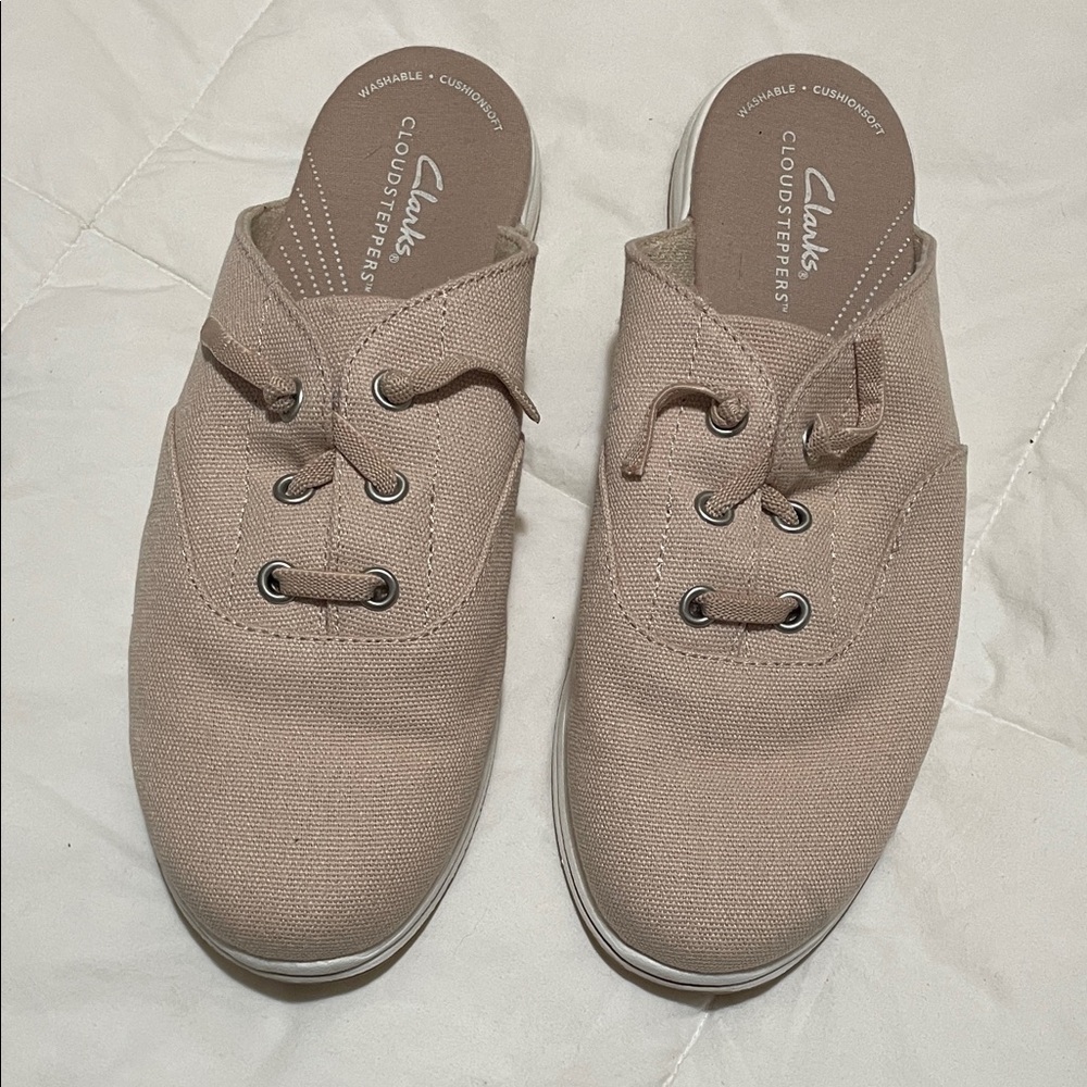 Clarks Women's Beige Canvas Mules Slip On Shoes Size 8
